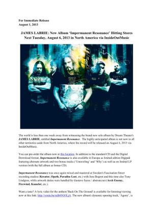 JAMES LABRIE: New Album ‘Impermanent Resonance’ Hitting Stores Next Tuesday, August 6, 2013 in North America Via Insideoutmusic