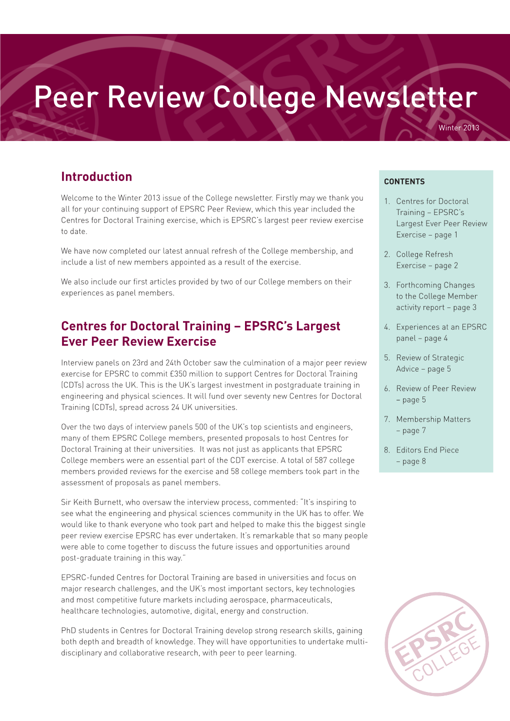 Peer Review College Newsletter