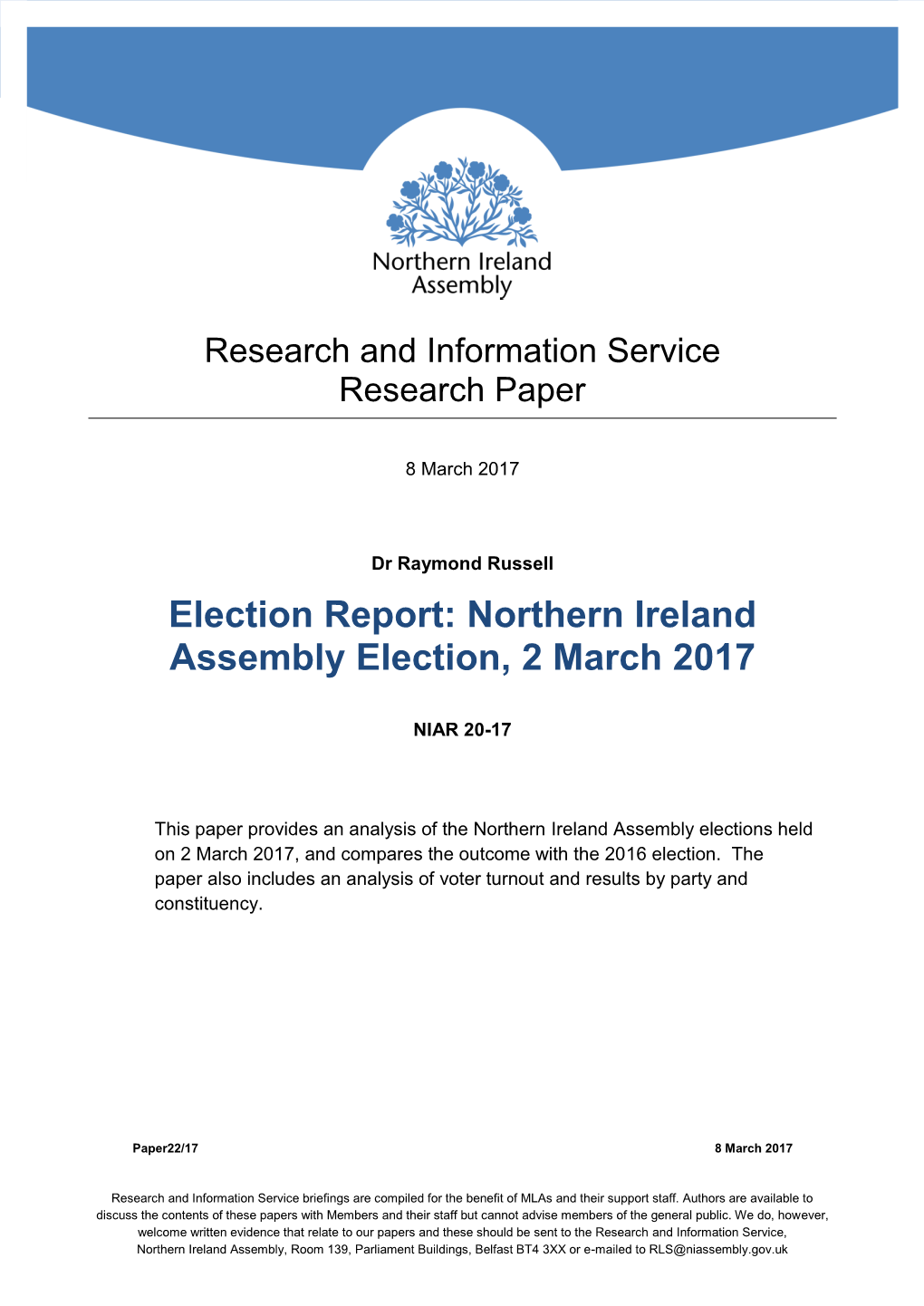 Election Report: Northern Ireland Assembly Election, 2 March 2017