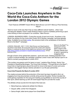 Coca-Cola Launches Anywhere in the World the Coca-Cola Anthem for the London 2012 Olympic Games