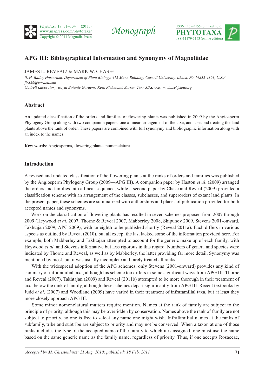 APG III: Bibliographical Information and Synonymy of Magnoliidae