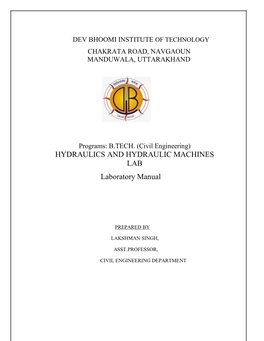 HYDRAULICS and HYDRAULIC MACHINES LAB Laboratory Manual