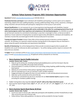 Achieve Tahoe Summer Programs 2021 Volunteer Opportunities