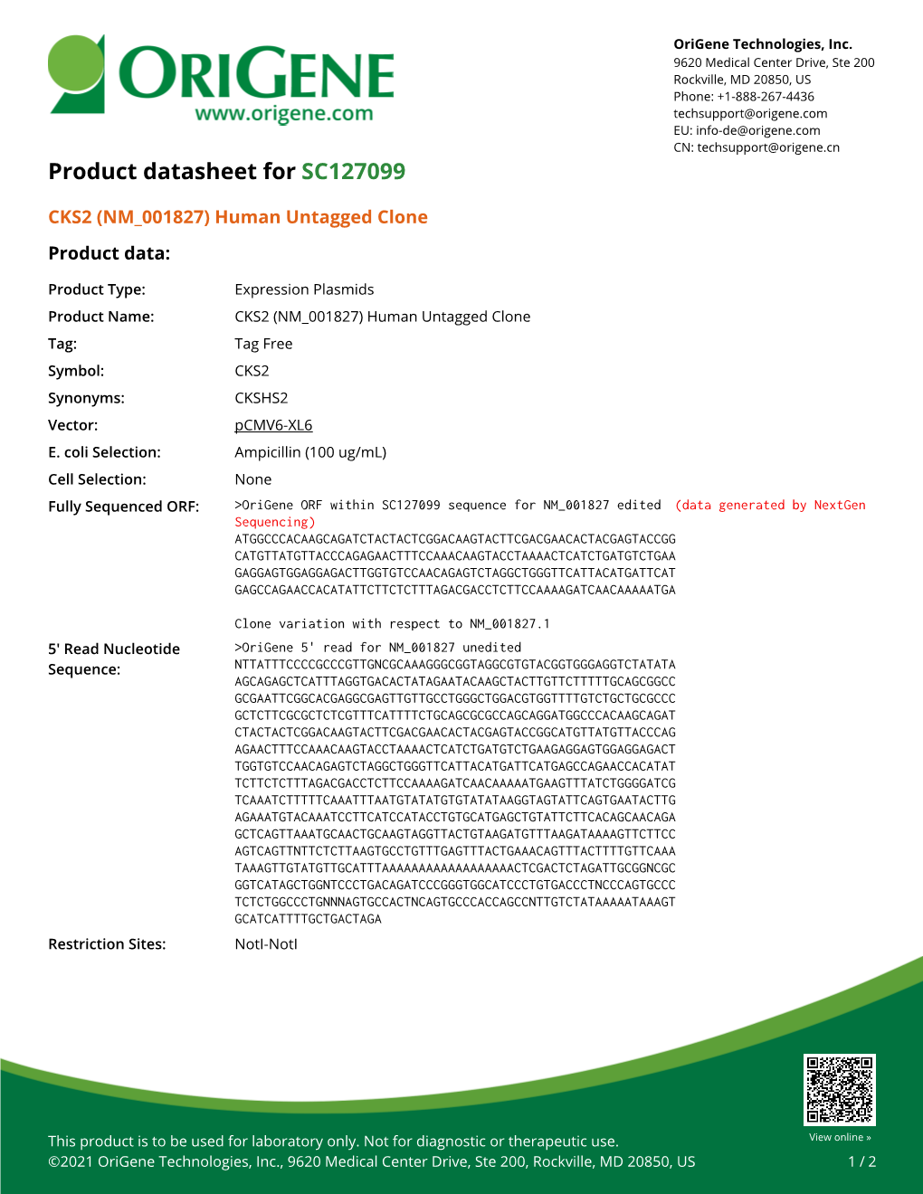 CKS2 (NM 001827) Human Untagged Clone – SC127099 | Origene