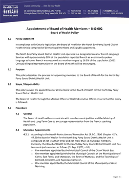 Appointment of Board of Health Members – B-G-002 Board of Health Policy