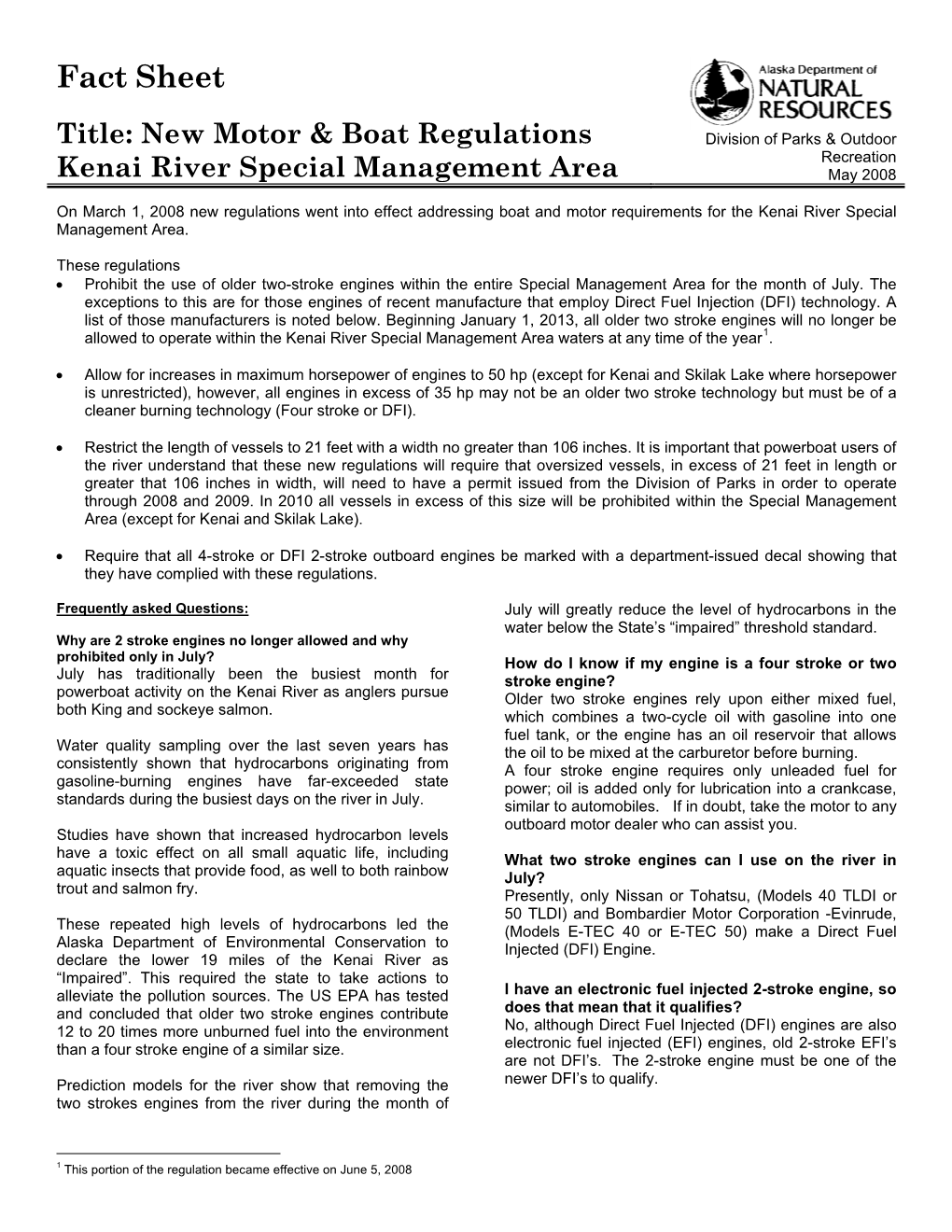 Fact Sheet Title: New Motor & Boat Regulations Kenai River Special