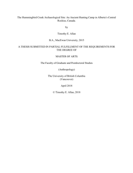 The Hummingbird Creek Archaeological Site: an Ancient Hunting Camp in Alberta’S Central Rockies, Canada