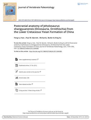 Postcranial Anatomy of Jeholosaurus Shangyuanensis (Dinosauria, Ornithischia) from the Lower Cretaceous Yixian Formation of China