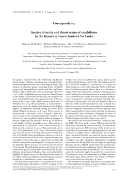 Species Diversity and Threat Status of Amphibians in the Kanneliya Forest, Lowland Sri Lanka