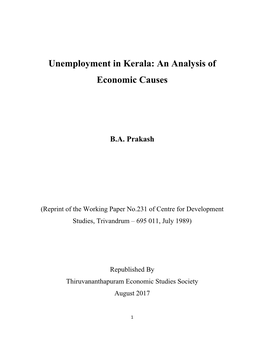 Unemployment in Kerala: an Analysis of Economic Causes