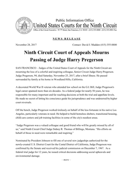 Ninth Circuit Court of Appeals Mourns Passing of Judge Harry Pregerson
