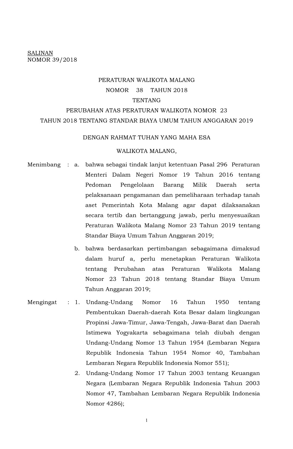 Salinan Nomor 39/2018 Peraturan Walikota Malang