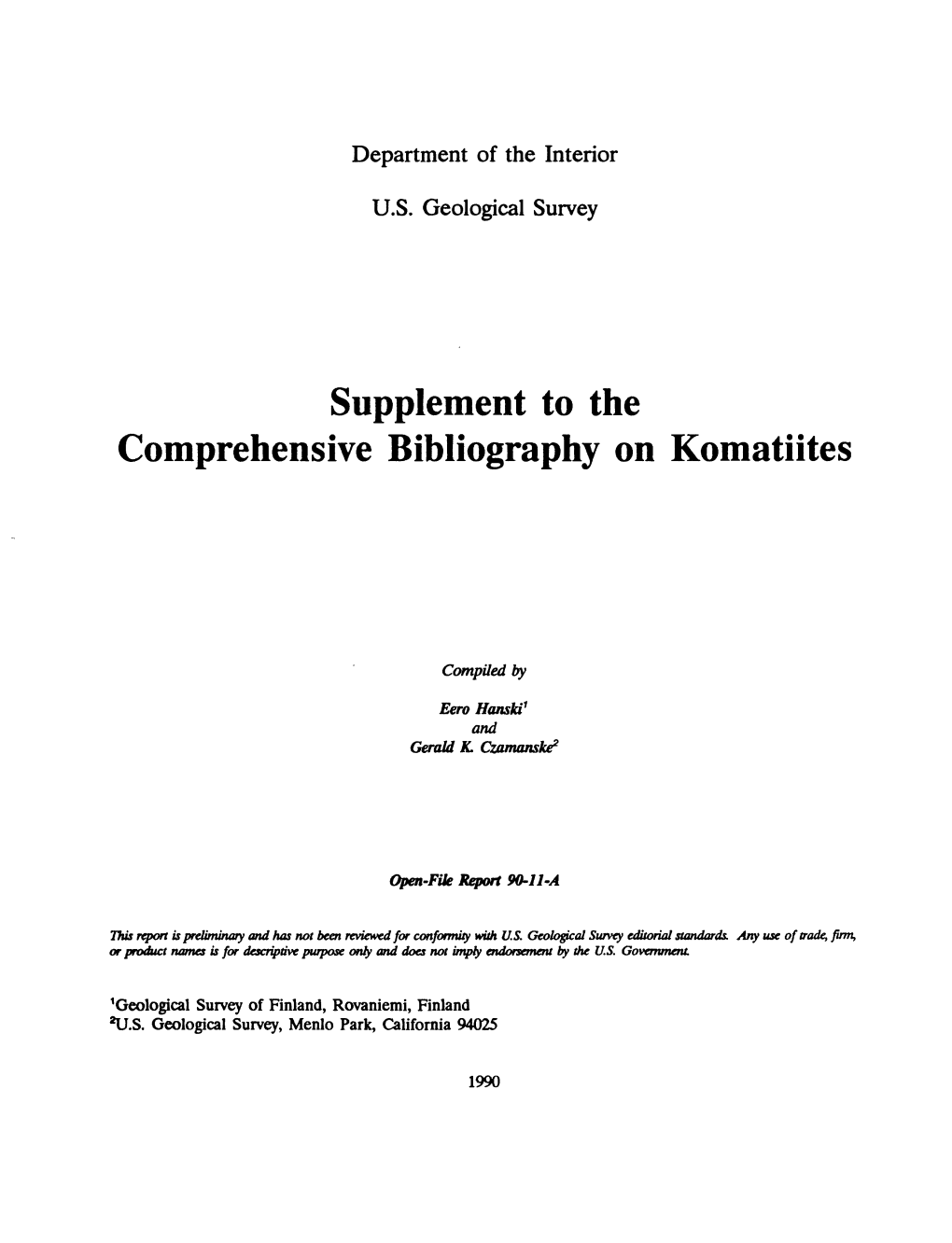 Supplement to the Comprehensive Bibliography on Komatiites