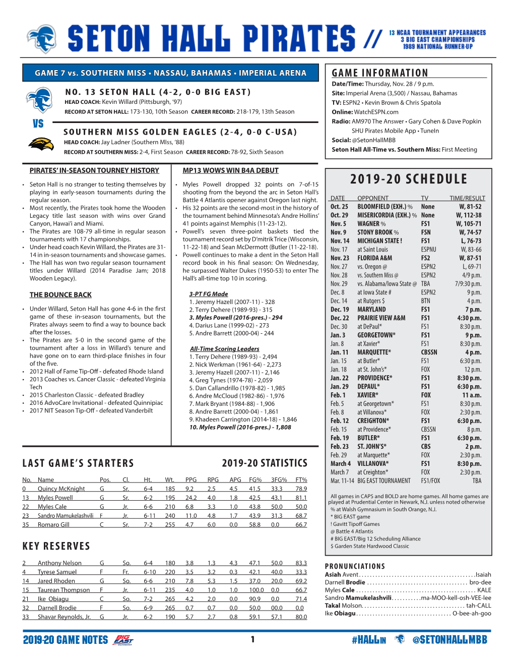 2019-20 SCHEDULE Playing in Early-Season Tournaments During the Shooting from the Beyond the Arc in Seton Hall’S Regular Season