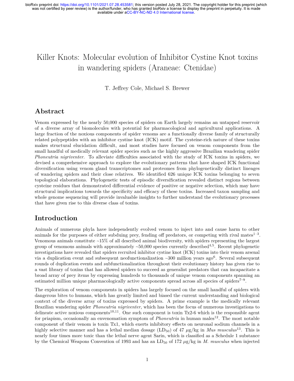 Molecular Evolution of Inhibitor Cystine Knot Toxins in Wandering Spiders (Araneae: Ctenidae)