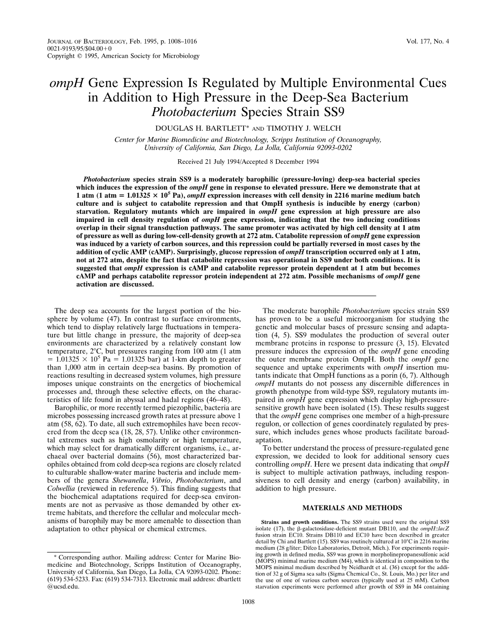 Omph Gene Expression Is Regulated by Multiple Environmental Cues in Addition to High Pressure in the Deep-Sea Bacterium Photobacterium Species Strain SS9