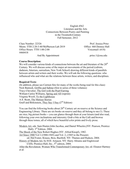 English 4562 Literature and the Arts Connections Between Poetry and Painting in the Twentieth-Century Fall Semester, 2012