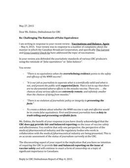 Reply to CBC Ombudsman Report of May 4, 2015 1 May 27, 2015