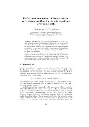 Performance Comparison of Linear Sieve and Cubic Sieve Algorithms for Discrete Logarithms Over Prime ﬁelds