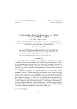 Isolation and Synthesis of Anthraquinones and Related Compounds of Rubia Cordifolia