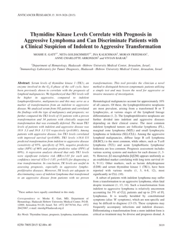 Thymidine Kinase Levels Correlate with Prognosis in Aggressive Lymphoma and Can Discriminate Patients with a Clinical Suspicion