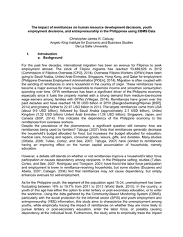 The Impact of Remittances on Human Resource Development Decisions, Youth Employment Decisions, and Entrepreneurship in the Philippines Using CBMS Data