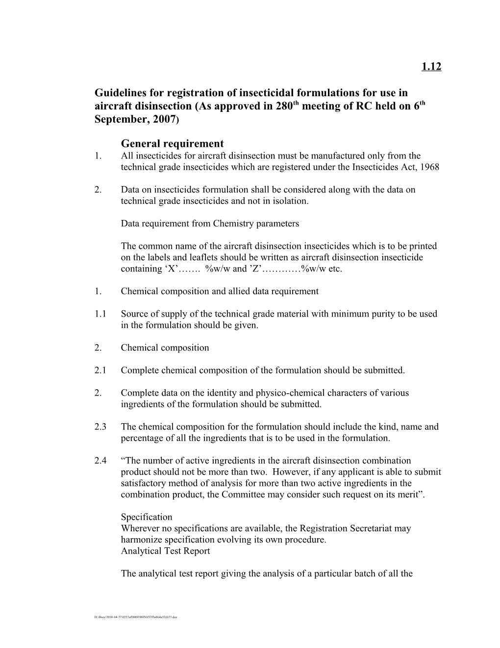 Guidelines for Registration of Insecticidal Formulations for Use in Aircraft Disinsection