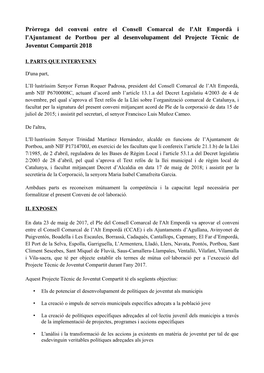 Pròrroga Del Conveni Entre El Consell Comarcal De L'alt Empordà I L'ajuntament De Portbou Per Al Desenvolupament Del Projecte Tècnic De Joventut Compartit 2018