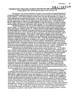 LPSC XXIV 983 the Purpose of the Artemis Program Is to Gather Vital Scientific and Engineering Data by Conducting Robotic Explor