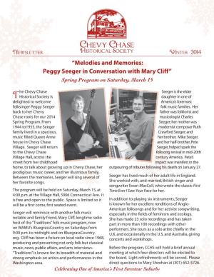 “Melodies and Memories: Peggy Seeger in Conversation with Mary Cliff” Spring Program on Saturday, March 15