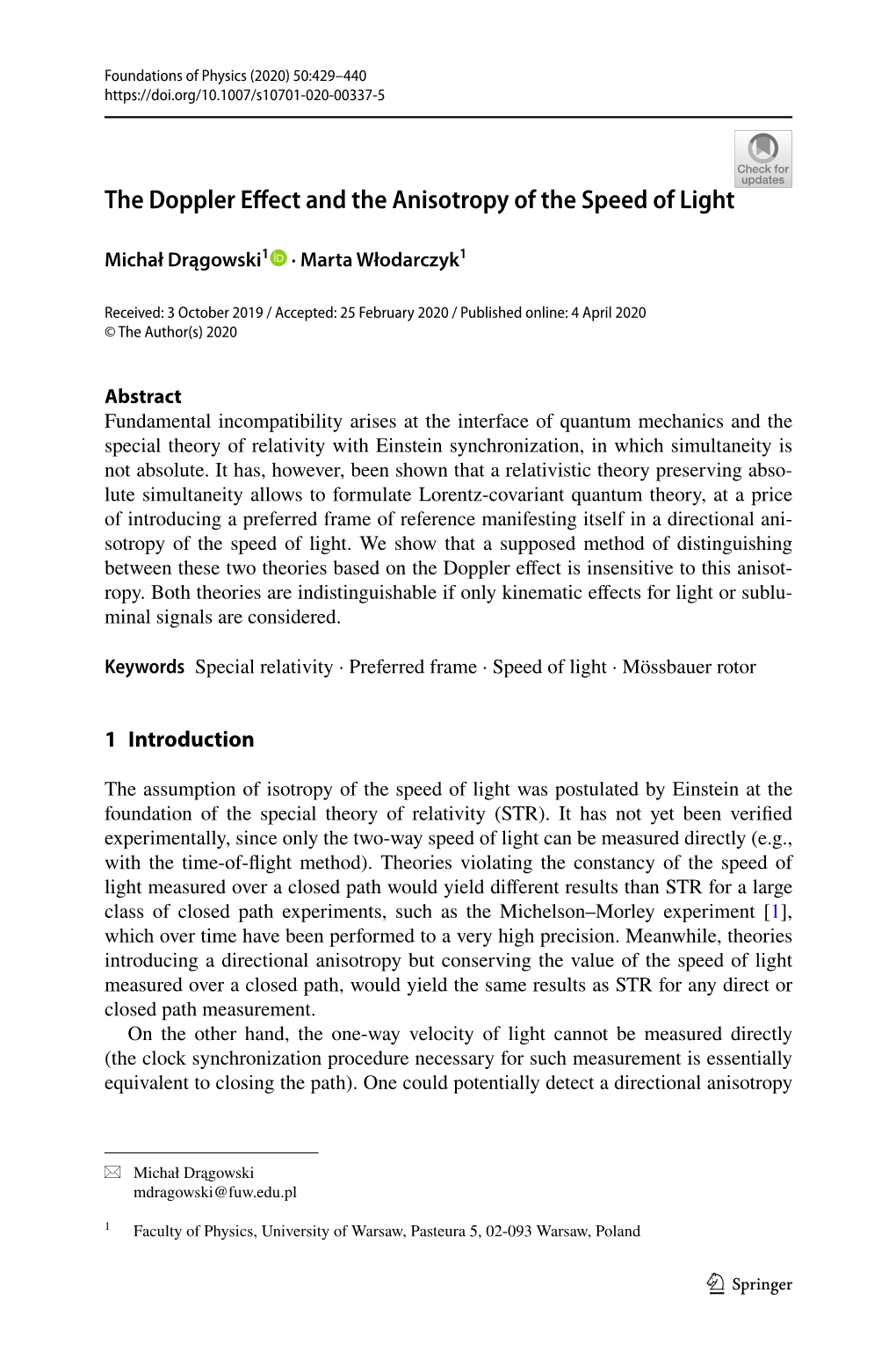 The Doppler Effect and the Anisotropy of the Speed of Light