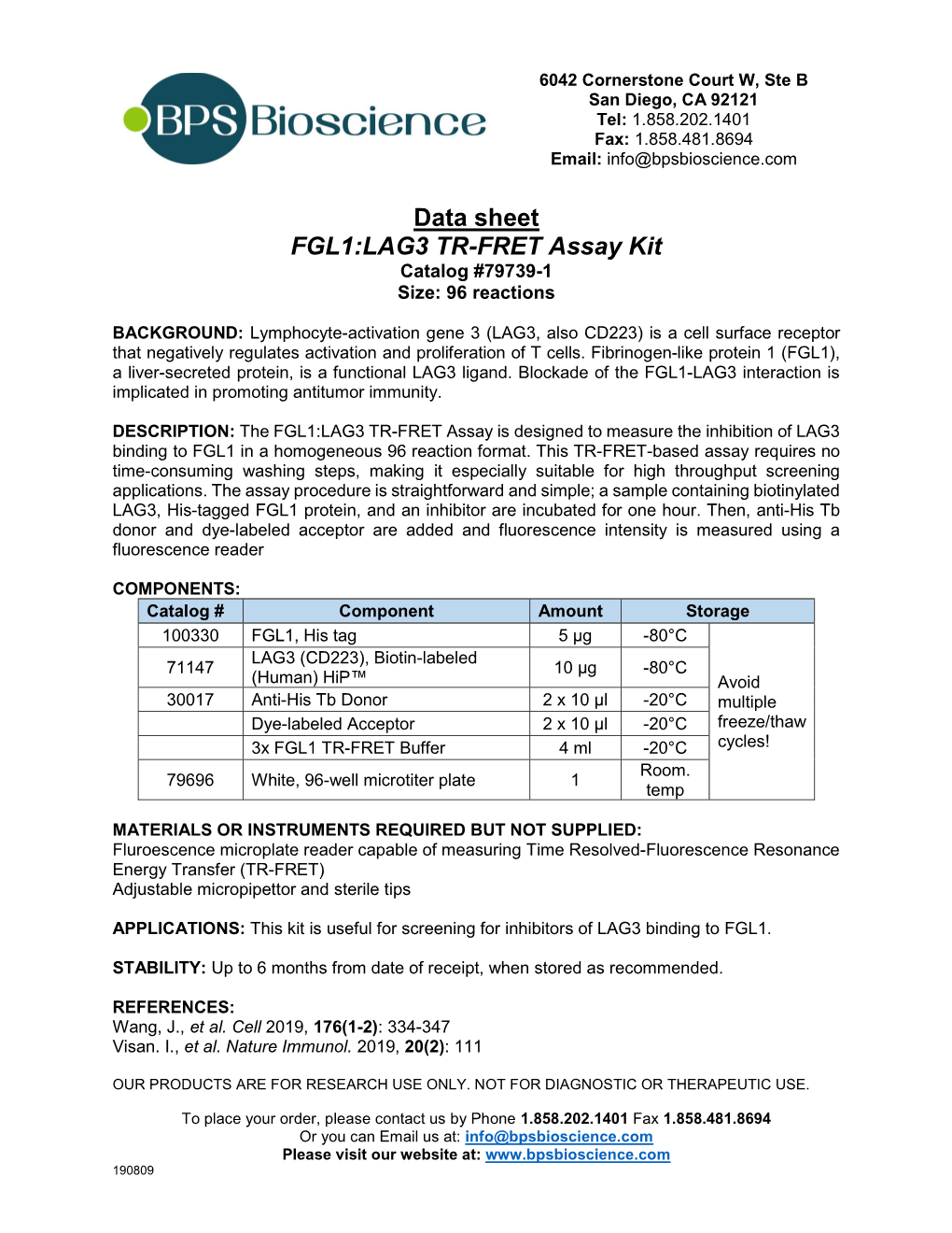 Data Sheet FGL1:LAG3 TR-FRET Assay Kit Catalog #79739-1 Size: 96 Reactions