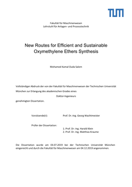 New Routes for Efficient and Sustainable Oxymethylene Ethers Synthesis