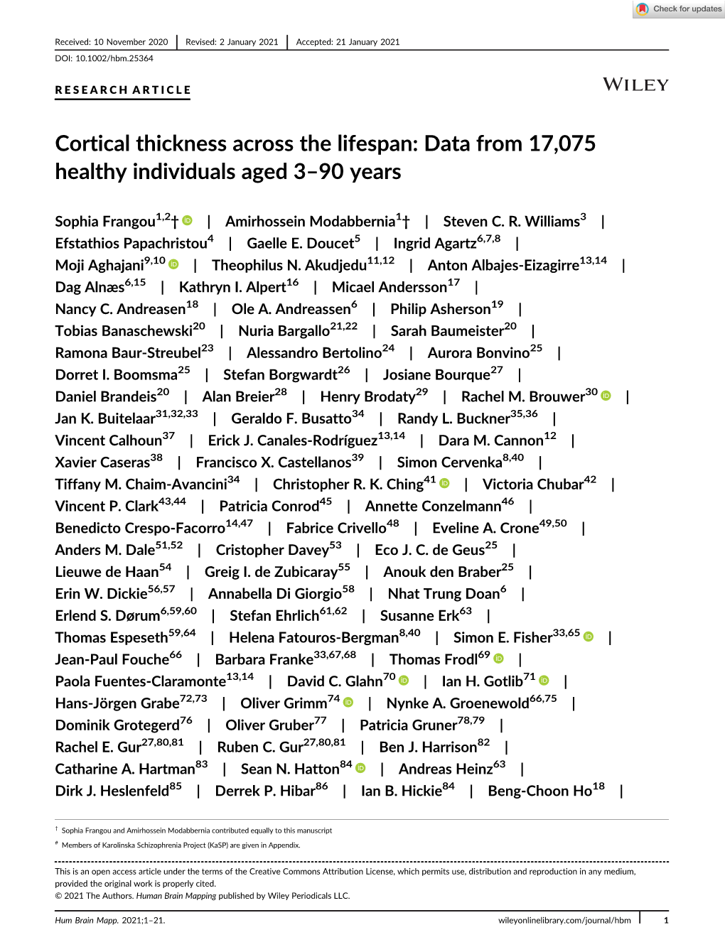 Cortical Thickness Across the Lifespan: Data from 17,075 Healthy Individuals Aged 3–90 Years
