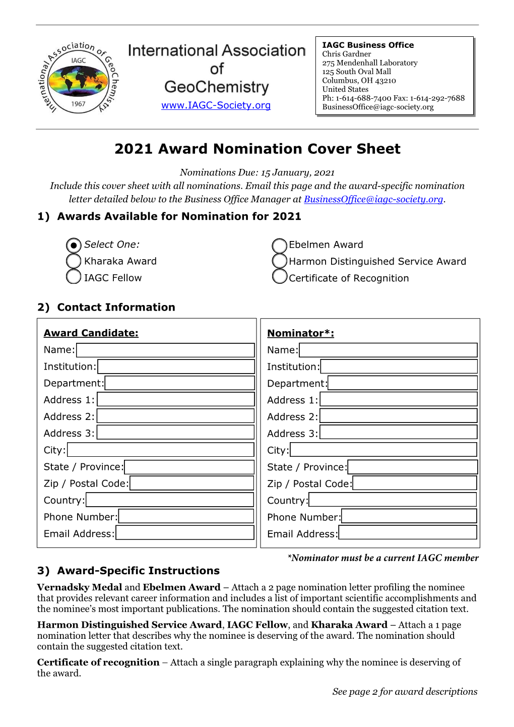 2021 Award Nomination Cover Sheet