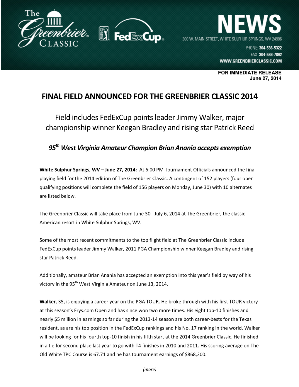 Final Field Announced for the Greenbrier Classic 2014