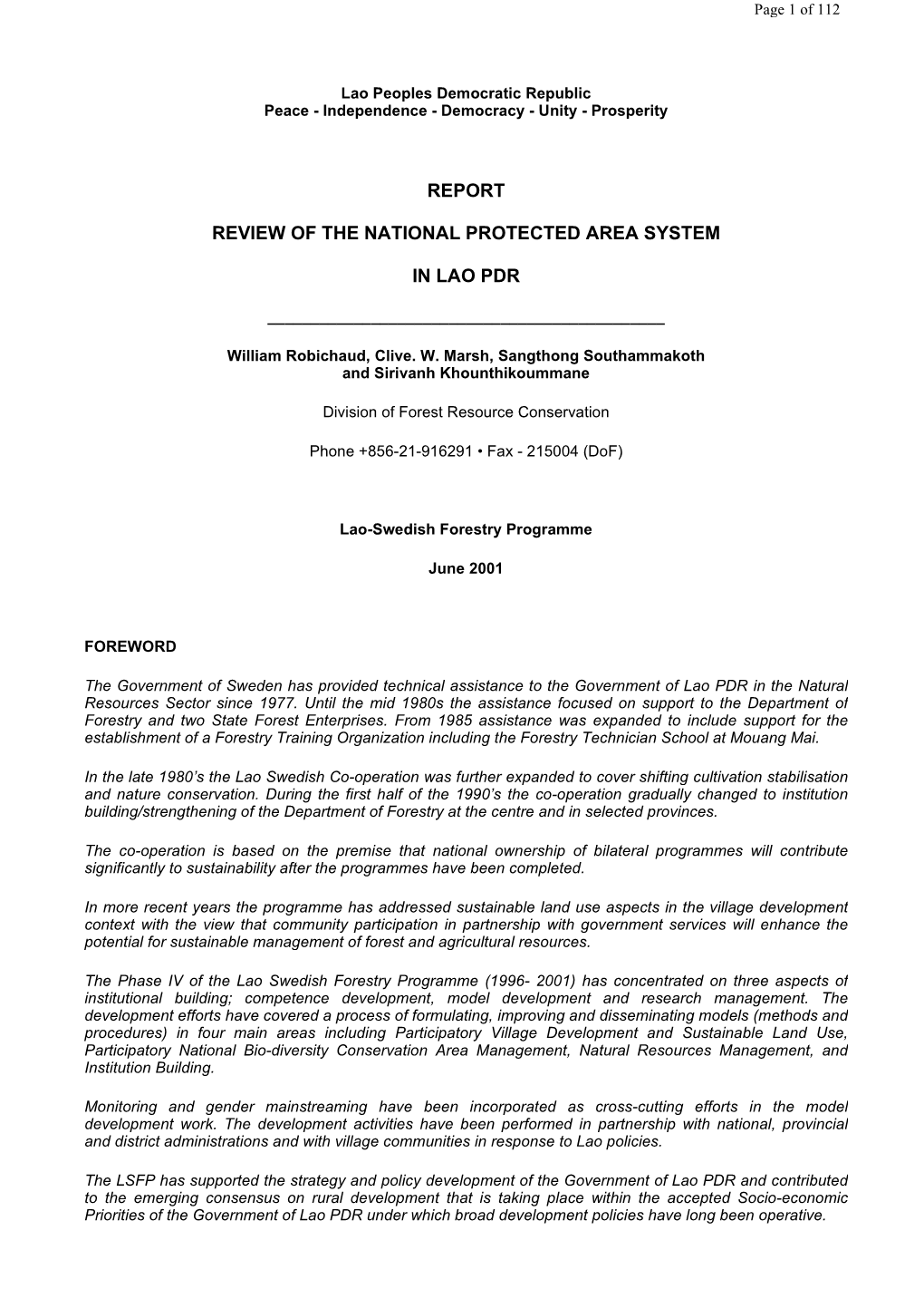 Report Review of the National Protected Area System In