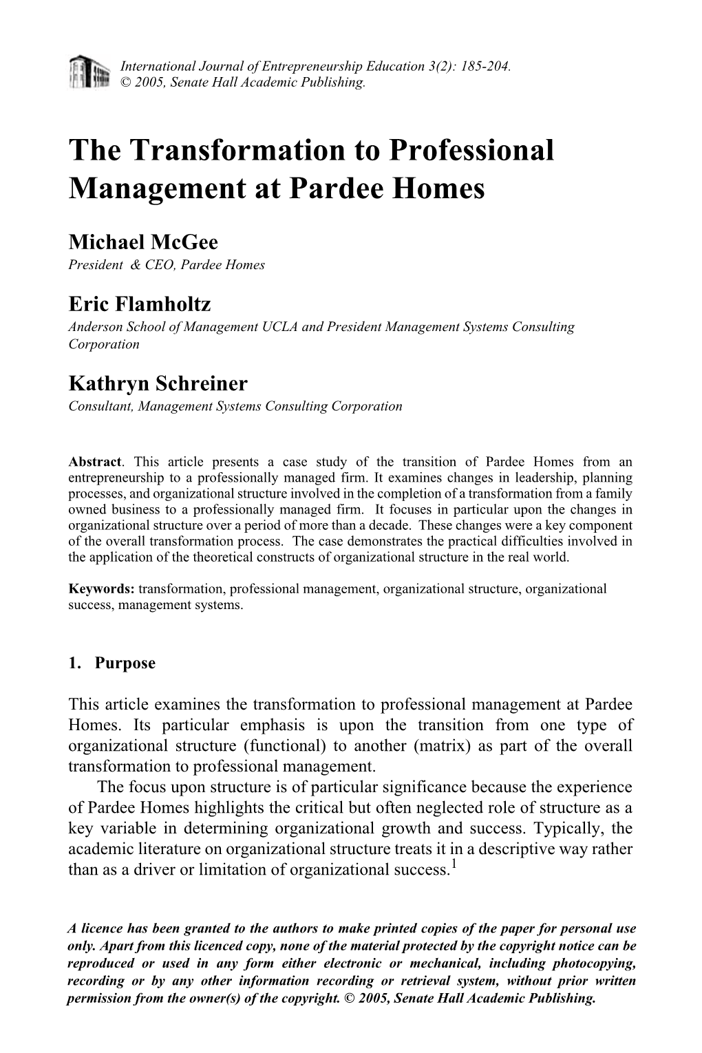 The Transformation to Professional Management at Pardee Homes