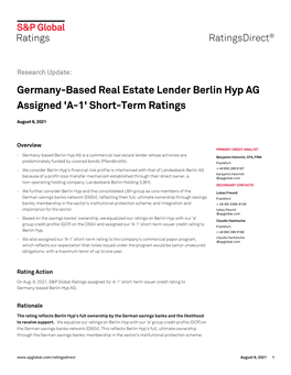 Short-Term Ratings Germany-Based Real Estate Lender Berlin Hyp AG