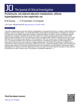 Proteinuria, Not Altered Albumin Metabolism, Affects Hyperlipidemia in the Nephrotic Rat