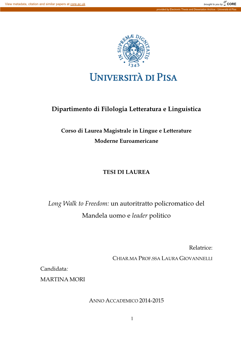 Dipartimento Di Filologia Letteratura E Linguistica Long Walk to Freedom