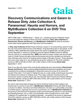 Discovery Communications and Gaiam to Release Dirty Jobs Collection 6, Paranormal: Haunts and Horrors, and Mythbusters Collection 6 on DVD This September