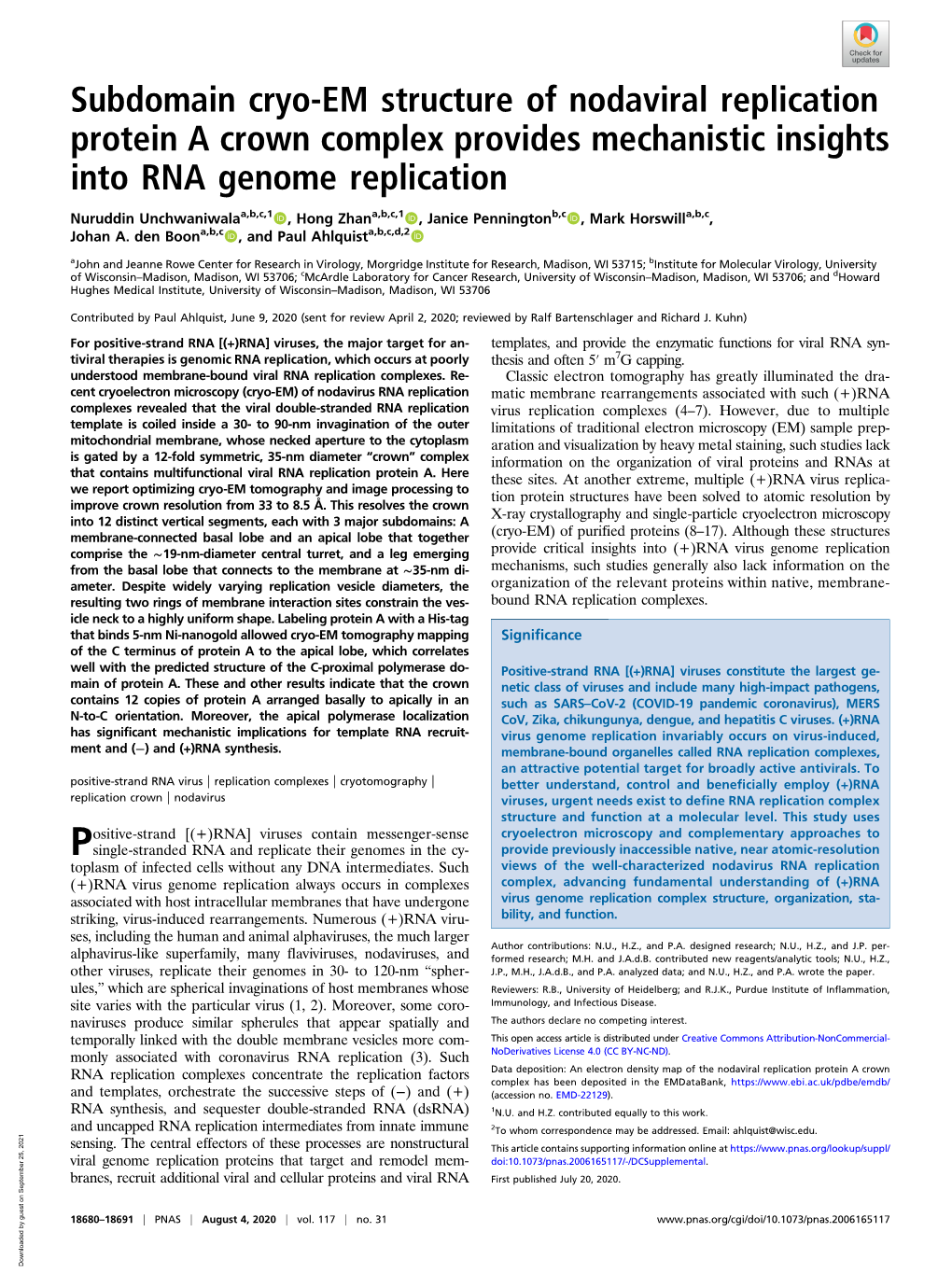 Subdomain Cryo-EM Structure of Nodaviral Replication Protein a Crown Complex Provides Mechanistic Insights Into RNA Genome Replication