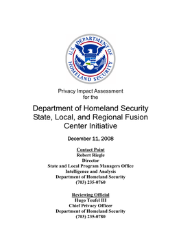 Department of Homeland Security State, Local, and Regional Fusion Center Initiative