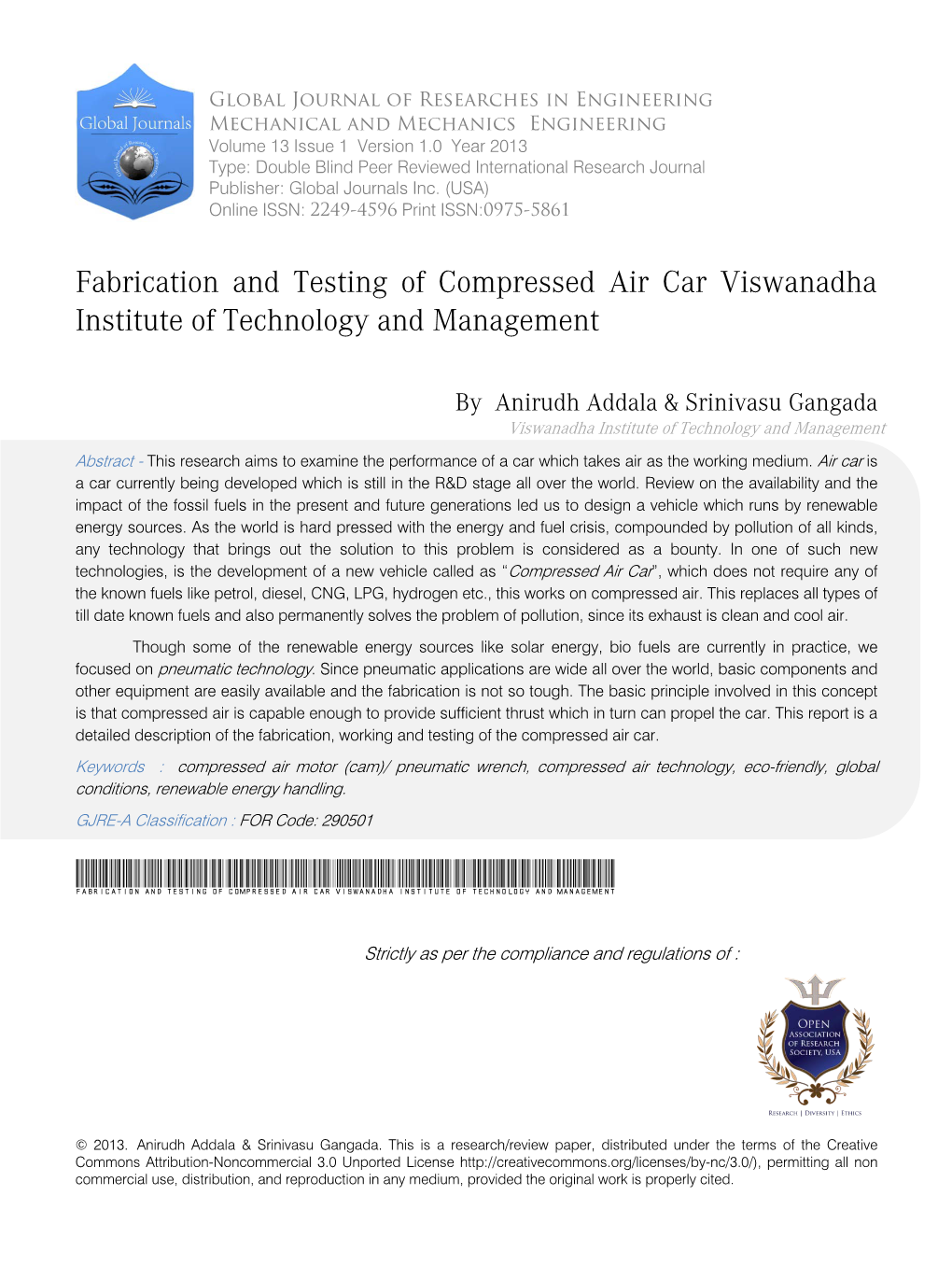 Fabrication and Testing of Compressed Air Car Viswanadha Institute of Technology and Management