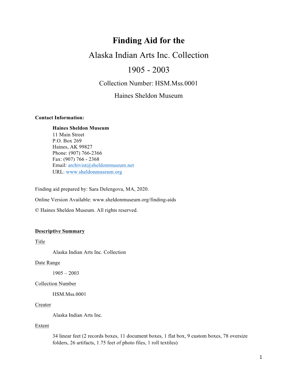 Finding Aid for the Alaska Indian Arts Inc