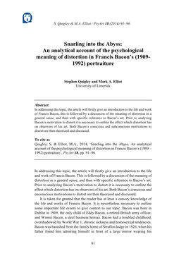 Snarling Into the Abyss: an Analytical Account of the Psychological Meaning of Distortion in Francis Bacon’S (1909- 1992) Portraiture