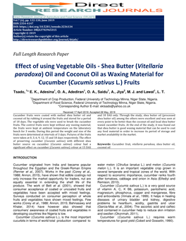 Effect of Using Vegetable Oils - Shea Butter ( Vitellaria Paradoxa ) Oil and Coconut Oil As Waxing Material for Cucumber ( Cucumis Sativus L.) Fruits