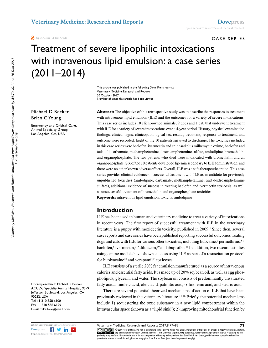 Treatment of Severe Lipophilic Intoxications with Intravenous Lipid Emulsion: a Case Series (2011–2014)