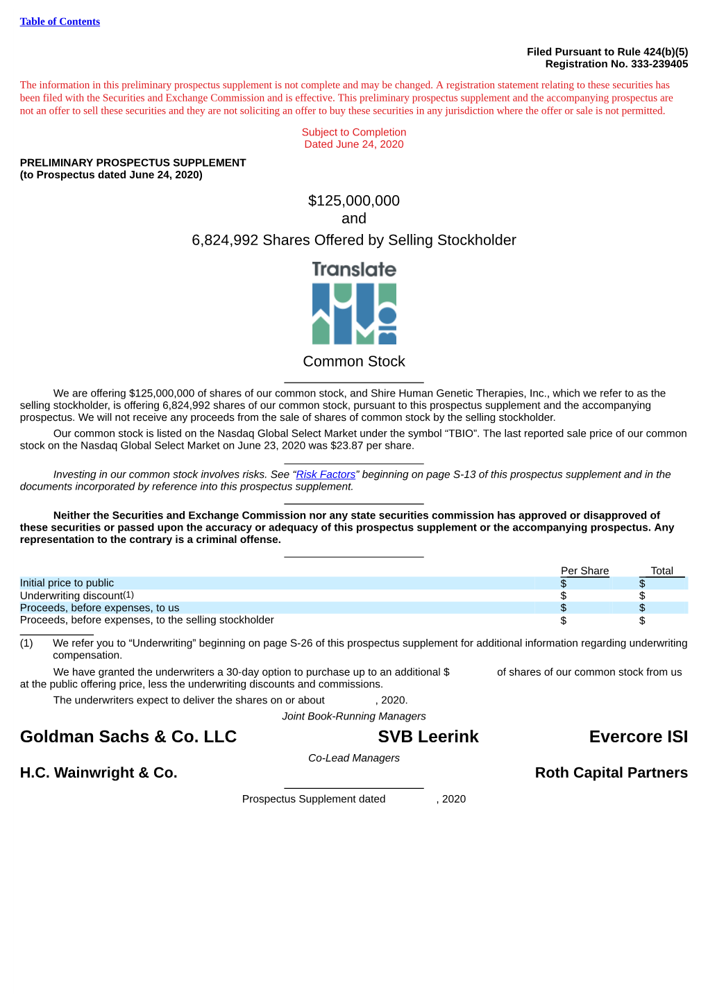 Goldman Sachs & Co. LLC SVB Leerink Evercore